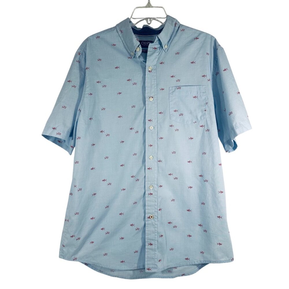 Chaps Light Blue Short Sleeve Button-Down Shirt Red Fish Print Size L Easy Care